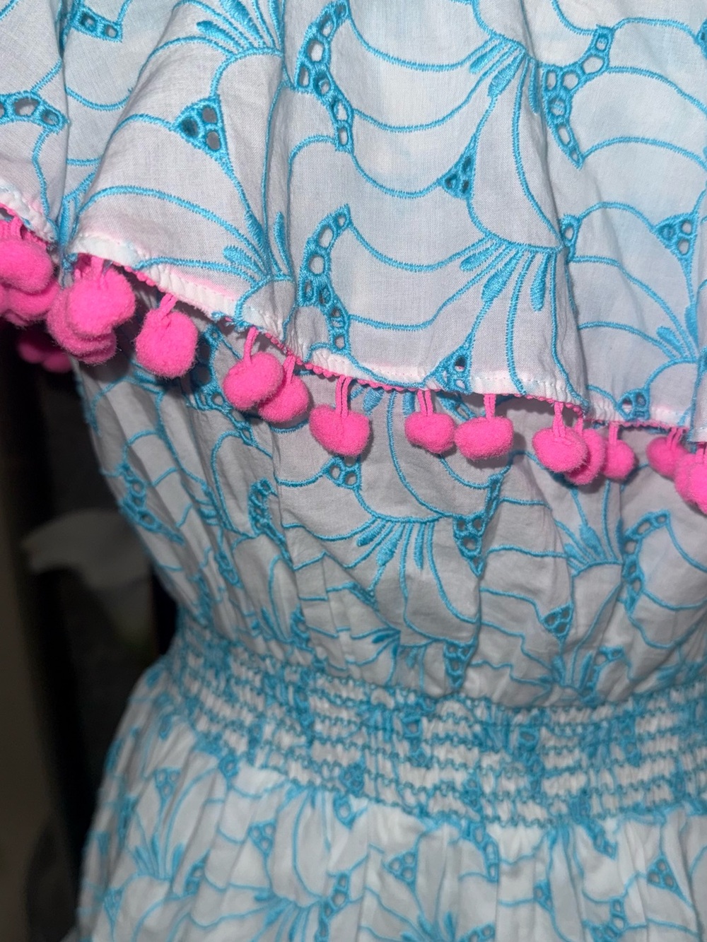Lilly Pulitzer White and Turquoise One-Shoulder Dress with Pink Pom Trim - Picture 2 of 4